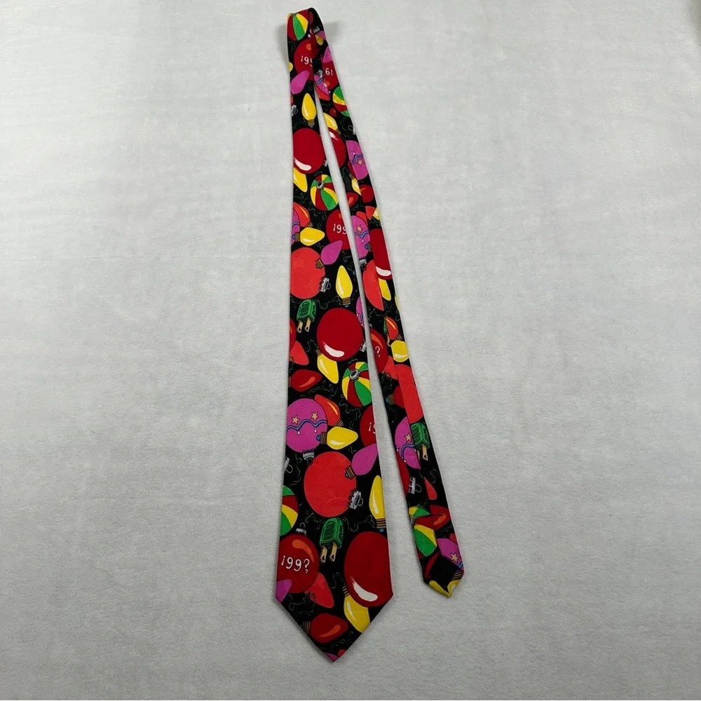 Festive Holiday Tie Colorful Ornaments 90s‎ vintage Christmas lights black